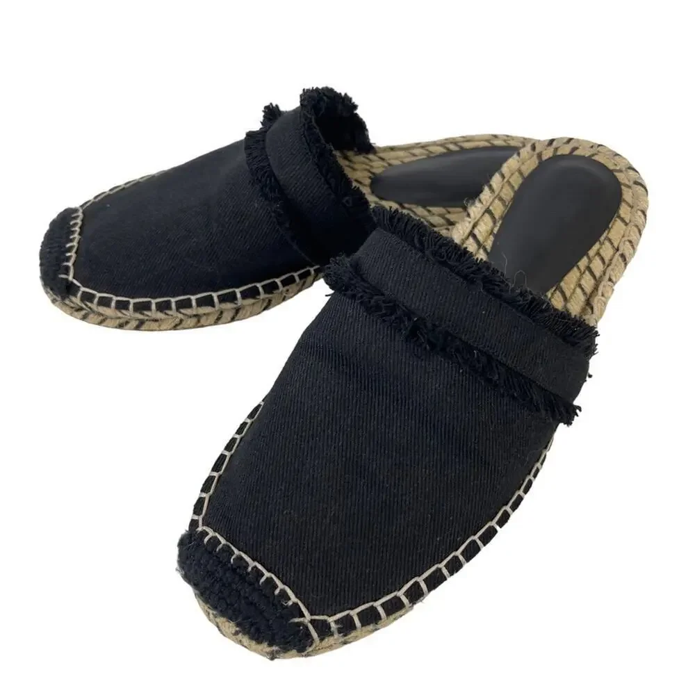 JOIE Black Cain Fringe Espadrille Mules Slides Shoes Size 39 US 9